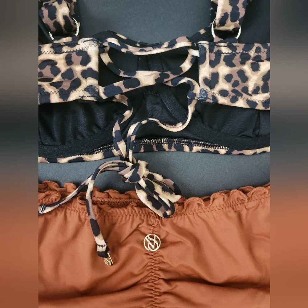 36DD/XL VS Swim Full Coverage Bikini Top Ruffle Cheeky Bikini Set Leopard